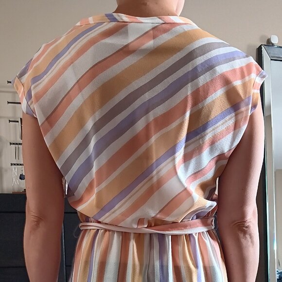 Vintage 70s Striped Secretary Dress Sheer Midi with Belt Vintage/Deadstock NOS - Picture 4 of 6